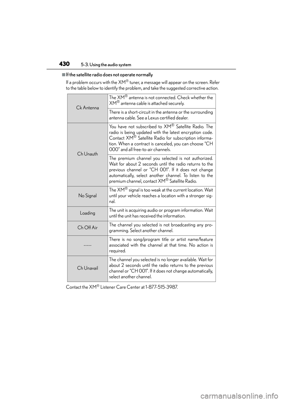 Lexus GS450h 2013  Owners Manual 430
GS450h_U (OM30D01U)
5-3. Using the audio system
■If the satellite radio does not operate normally
If a problem occurs with the XM
® tuner, a message will appear on the screen. Refer
to the tabl