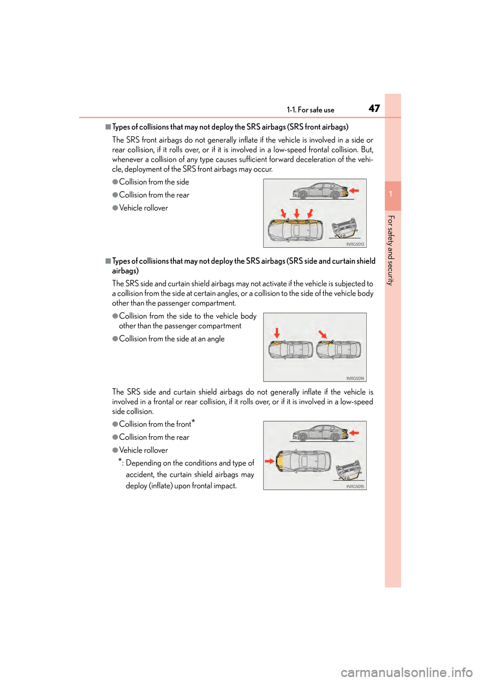 Lexus GS450h 2013  Owners Manual 471-1. For safe use
GS450h_U (OM30D01U)
1
For safety and security
■Types of collisions that may not deploy the SRS airbags (SRS front airbags)
The SRS front airbags do not generally inflate if the v