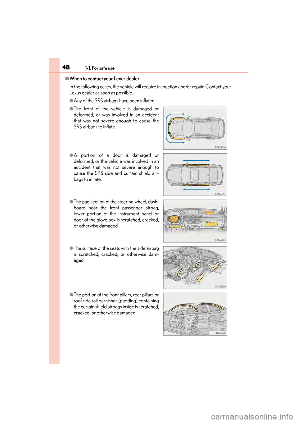 Lexus GS450h 2013 User Guide 481-1. For safe use
GS450h_U (OM30D01U)
■When to contact your Lexus dealer
In the following cases, the vehicle will require inspection and/or repair. Contact your
Lexus dealer as soon as possible. 
