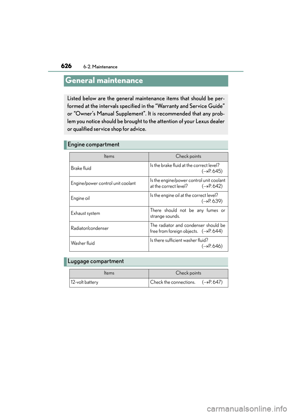 Lexus GS450h 2013  Owners Manual 626
GS450h_U (OM30D01U)
6-2. Maintenance
General maintenance
Listed below are the general maintenance items that should be per-
formed at the intervals specified in the “Warranty and Service Guide�