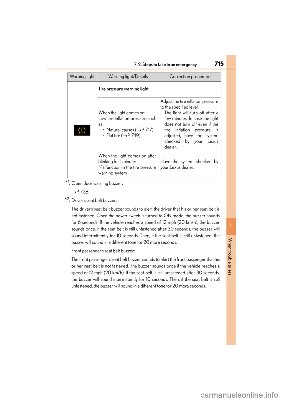 Lexus GS450h 2013  Owners Manual 7157-2. Steps to take in an emergency
GS450h_U (OM30D01U)
7
When trouble arises
*1: Open door warning buzzer:→ P.  7 2 8
*2: Driver’s seat belt buzzer:
The driver’s seat belt buzzer sounds to al
