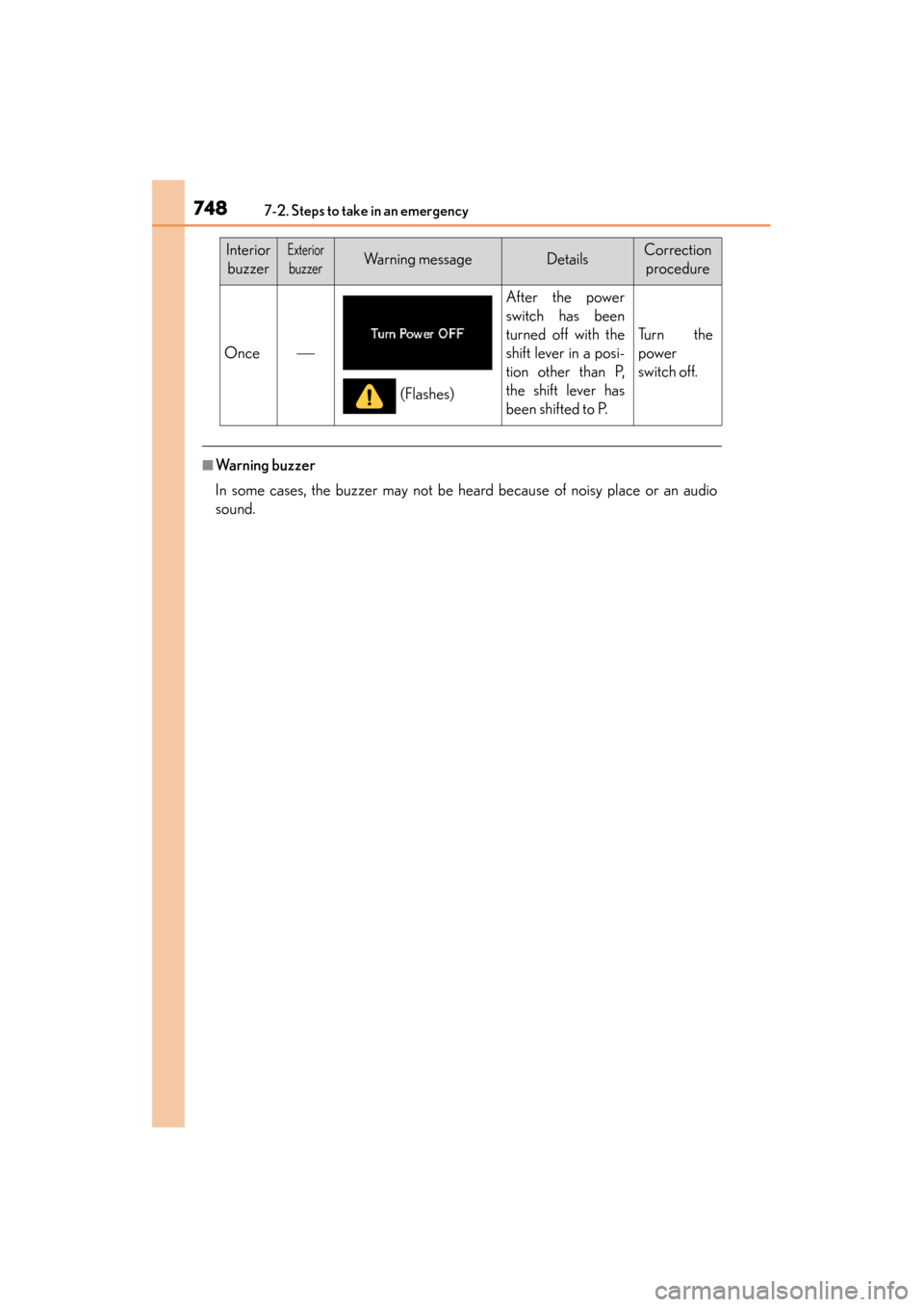 Lexus GS450h 2013  Owners Manual 7487-2. Steps to take in an emergency
GS450h_U (OM30D01U)
■Warning buzzer
In some cases, the buzzer may not be heard because of noisy place or an audio
sound.
Once
After the power
switch has been