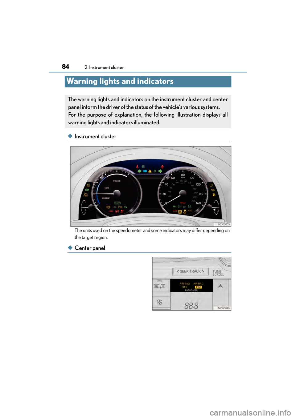 Lexus GS450h 2013 Manual Online 84
GS450h_U (OM30D01U)
2. Instrument cluster
Warning lights and indicators
◆Instrument cluster
The units used on the speedometer and some indicators may differ depending on
the target region.
◆Cen