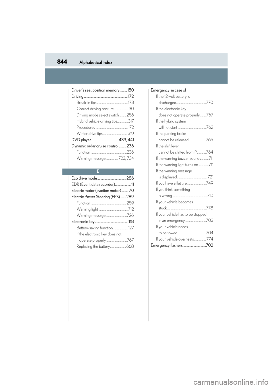 Lexus GS450h 2013 Service Manual 844Alphabetical index
GS450h_U (OM30D01U)
Driver’s seat position memory ......... 150
Driving......................................................... 172Break-in tips ..............................