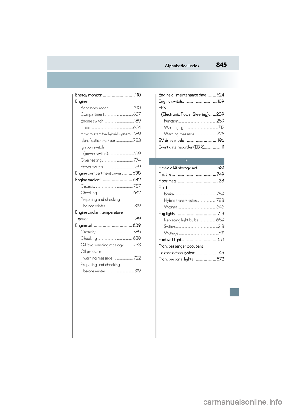 Lexus GS450h 2013  Owners Manual 845Alphabetical index
GS450h_U (OM30D01U)
Energy monitor ........................................ 110
EngineAccessory mode................................. 190
Compartment ............................