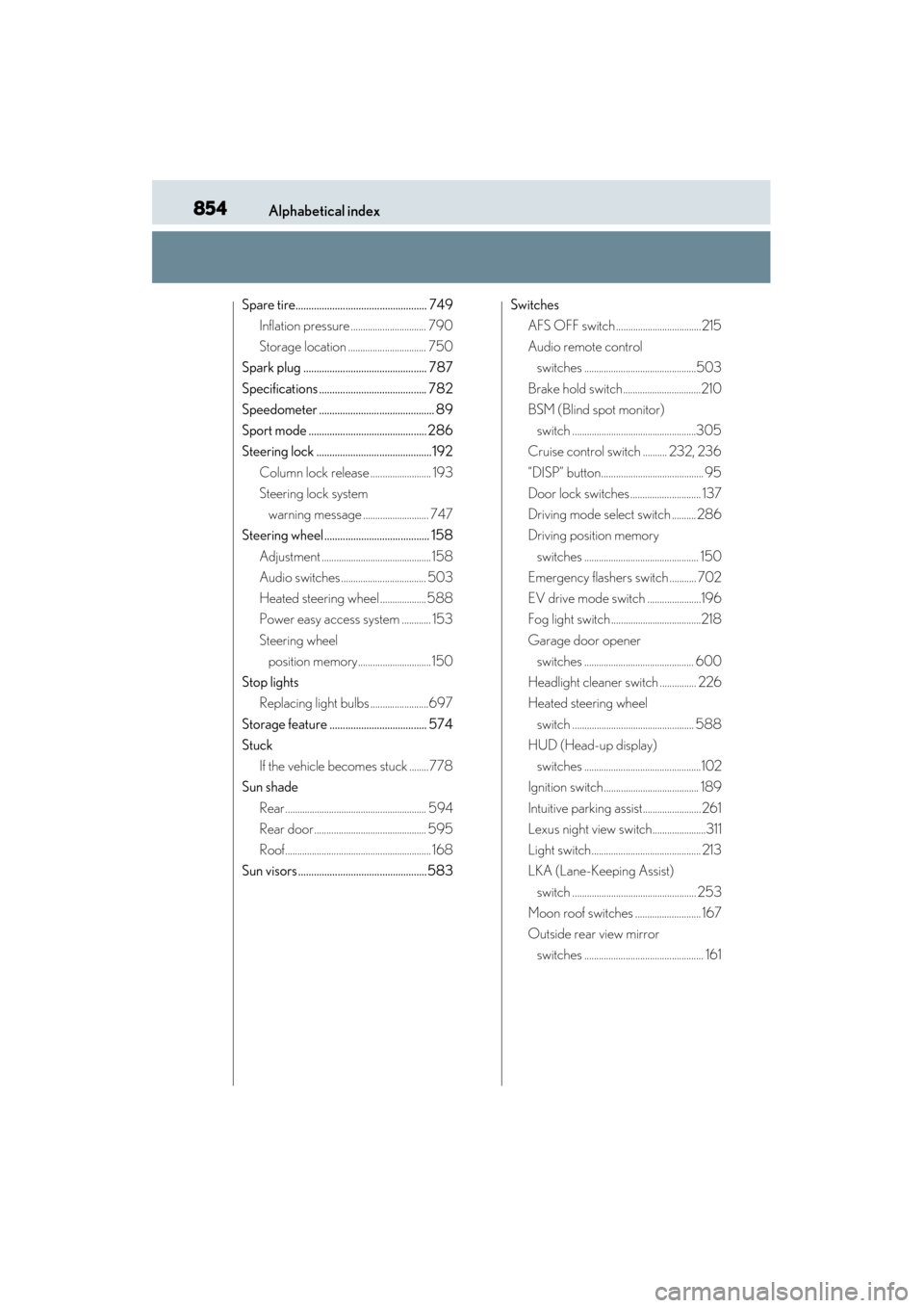 Lexus GS450h 2013  Owners Manual 854Alphabetical index
GS450h_U (OM30D01U)
Spare tire.................................................. 749Inflation pressure ............................... 790
Storage location ......................