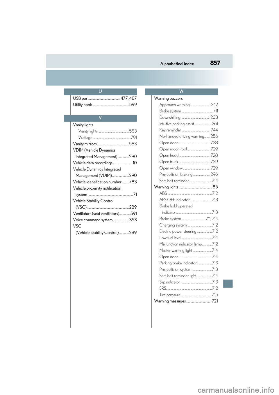 Lexus GS450h 2013 Manual Online 857Alphabetical index
GS450h_U (OM30D01U)
USB port ....................................... 477, 487
Utility hook .............................................. 599
Vanity lightsVanity lights .........