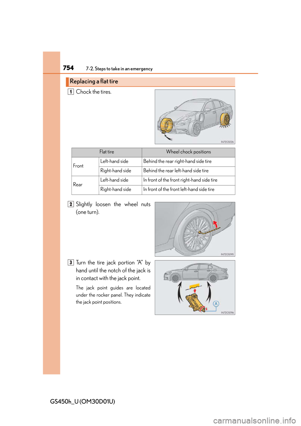 Lexus GS450h 2013  Using the audio system / LEXUS 2013 GS450H OWNERS MANUAL (OM30D01U) 7547-2. Steps to take in an emergency
GS450h_U (OM30D01U)Chock the tires.
Slightly loosen the wheel nuts
(one turn).
Turn the tire jack portion “A” by
hand until the notch of the jack is
in contac