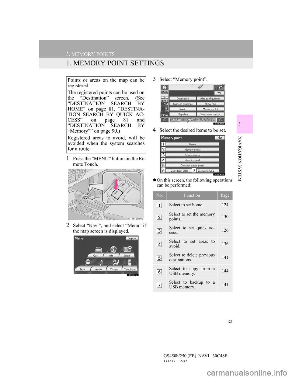 Lexus GS450h 2012  Navigation manual 123
GS450h/250 (EE)  NAVI   30C48E
13.12.17     15:42
3
NAVIGATION SYSTEM
3. MEMORY POINTS
1. MEMORY POINT SETTINGS
1Press the “MENU” button on the Re-
mote Touch.
2Select “Navi”, and select �