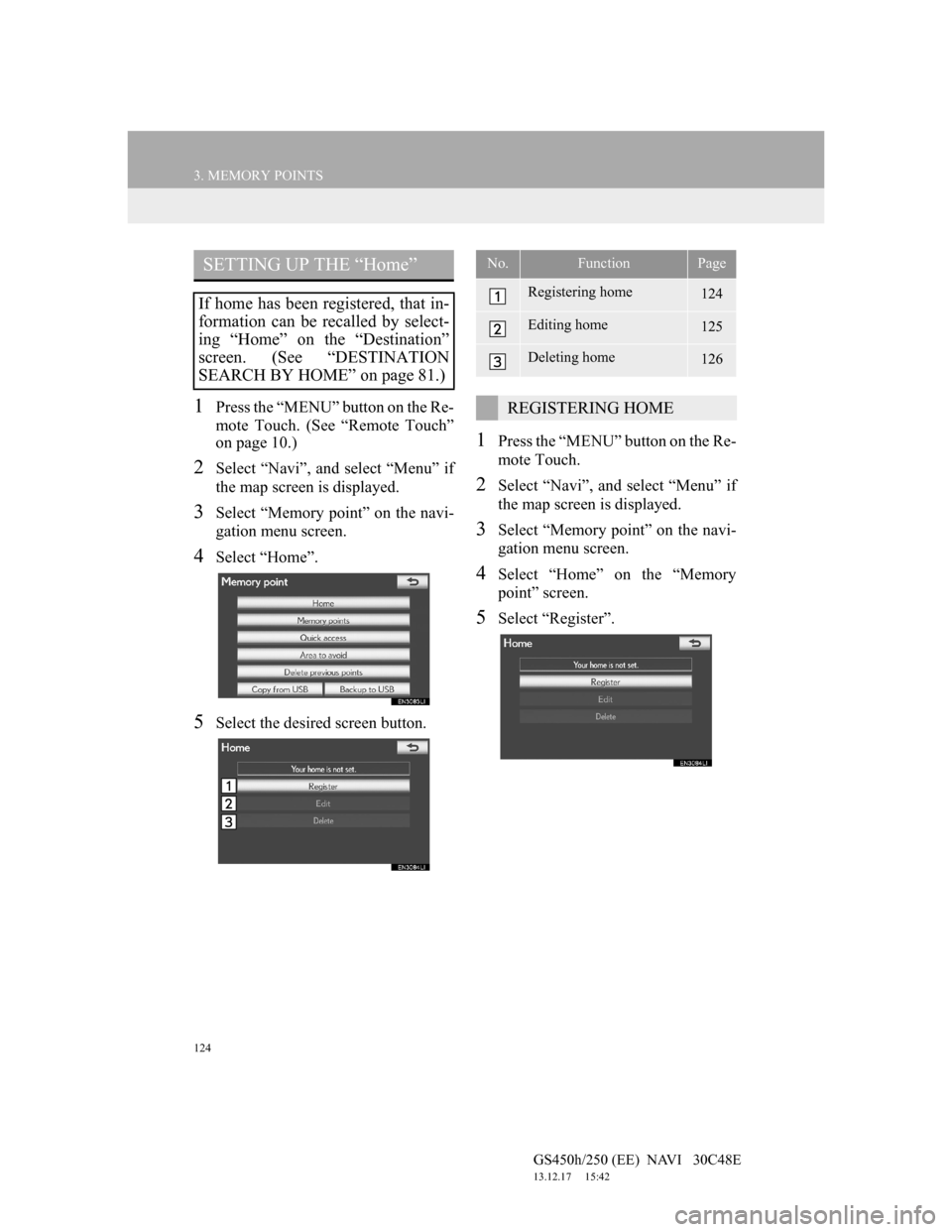 Lexus GS450h 2012  Navigation manual 124
3. MEMORY POINTS
GS450h/250 (EE)  NAVI   30C48E
13.12.17     15:42
1Press the “MENU” button on the Re-
mote Touch. (See “Remote Touch”
on page 10.)
2Select “Navi”, and select “Menu
