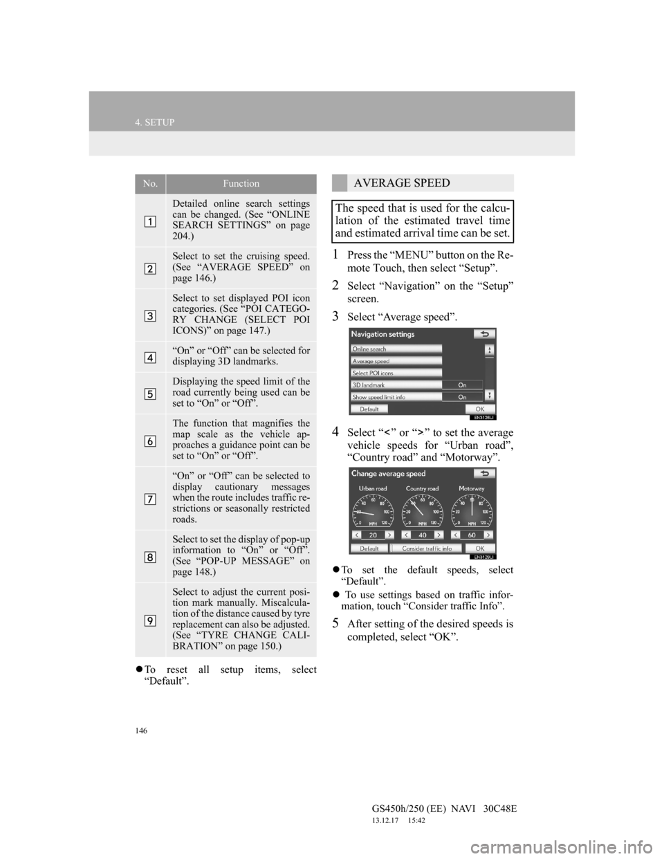 Lexus GS450h 2012 Navigation manual 146
4. SETUP
GS450h/250 (EE) NAVI 30C48E
13.12.17 15:42
To reset all setup items, select
“Default”.
1Press the “MENU” button on the Re-
mote Touch, then select “Setup”.
2Select Lexus GS450h 2012 Navigation manual 146
4. SETUP
GS450h/250 (EE) NAVI 30C48E
13.12.17 15:42
To reset all setup items, select
“Default”.
1Press the “MENU” button on the Re-
mote Touch, then select “Setup”.
2Select