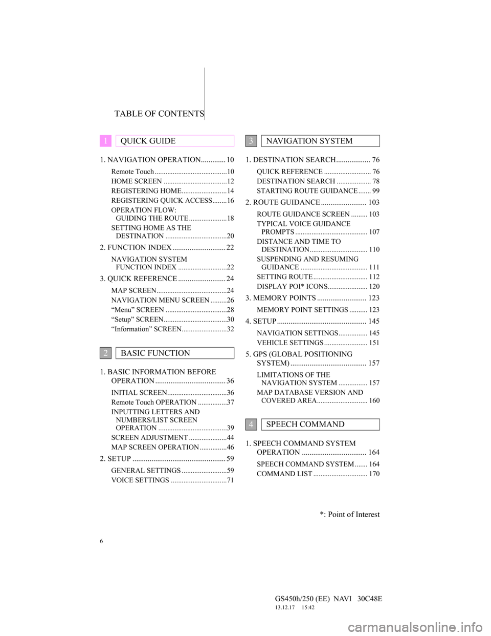 Lexus GS450h 2012  Navigation manual TABLE OF CONTENTS
6
GS450h/250 (EE)  NAVI   30C48E
13.12.17     15:42
1. NAVIGATION OPERATION............. 10
Remote Touch ........................................10
HOME SCREEN ......................