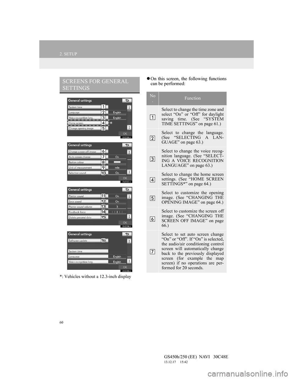 Lexus GS450h 2012  Navigation manual 60
2. SETUP
GS450h/250 (EE)  NAVI   30C48E
13.12.17     15:42
*: Vehicles without a 12.3-inch display
On this screen, the following functions
can be performed:SCREENS FOR GENERAL 
SETTINGS
*
No
.Fu
