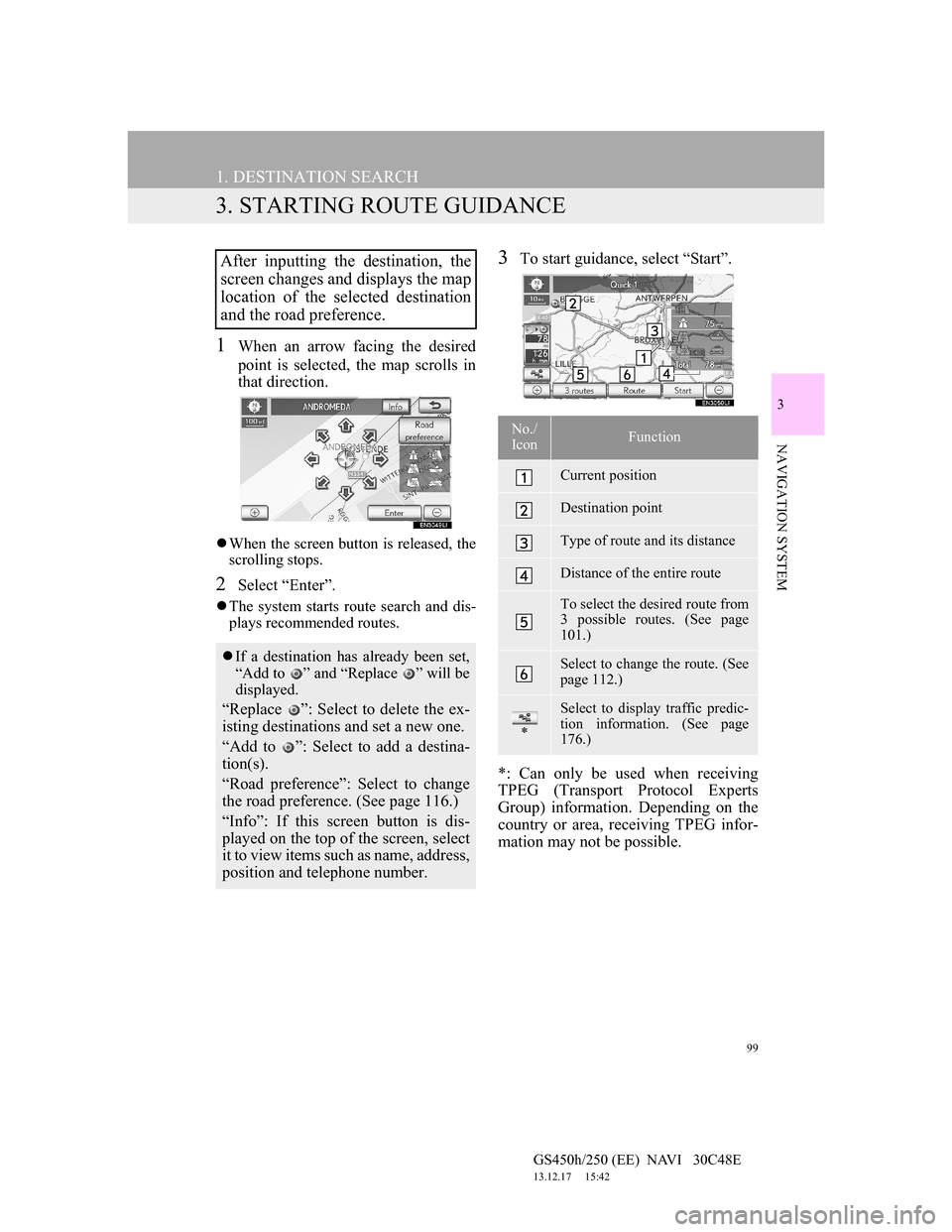 Lexus GS450h 2012  Navigation manual 99
1. DESTINATION SEARCH
GS450h/250 (EE)  NAVI   30C48E
13.12.17     15:42
3
NAVIGATION SYSTEM
3. STARTING ROUTE GUIDANCE
1When an arrow facing the desired
point is selected, the map scrolls in
that d
