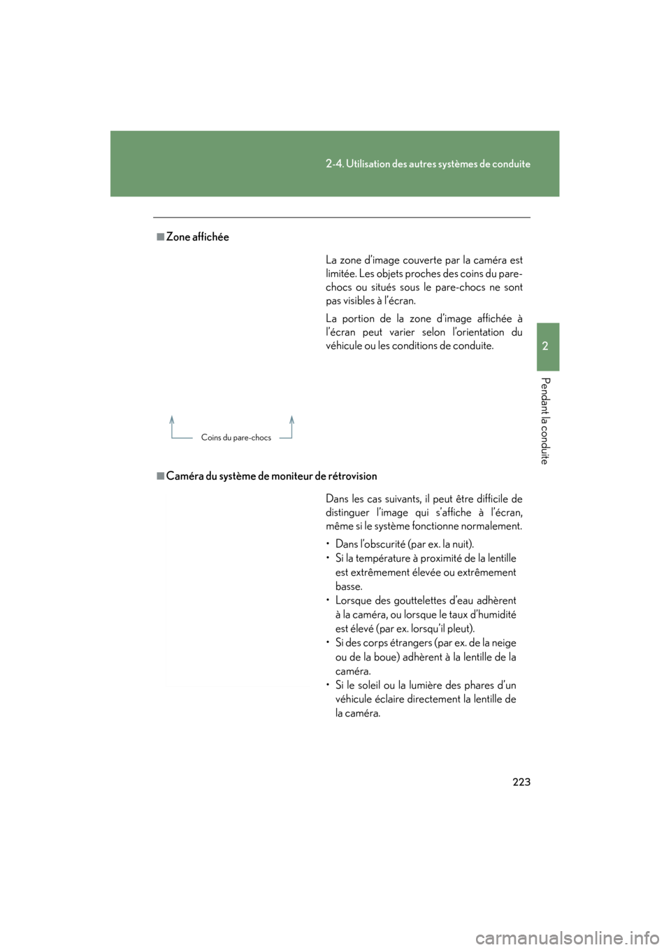 Lexus GS450h 2011  Manuel du propriétaire (in French) 223
2-4. Utilisation des autres systèmes de conduite
2
Pendant la conduite
GS_HV_D (OM30C14D)
October 28, 2011 6:24 pm
■Zone affichée
■Caméra du système de moniteur de rétrovisionLa zone d’