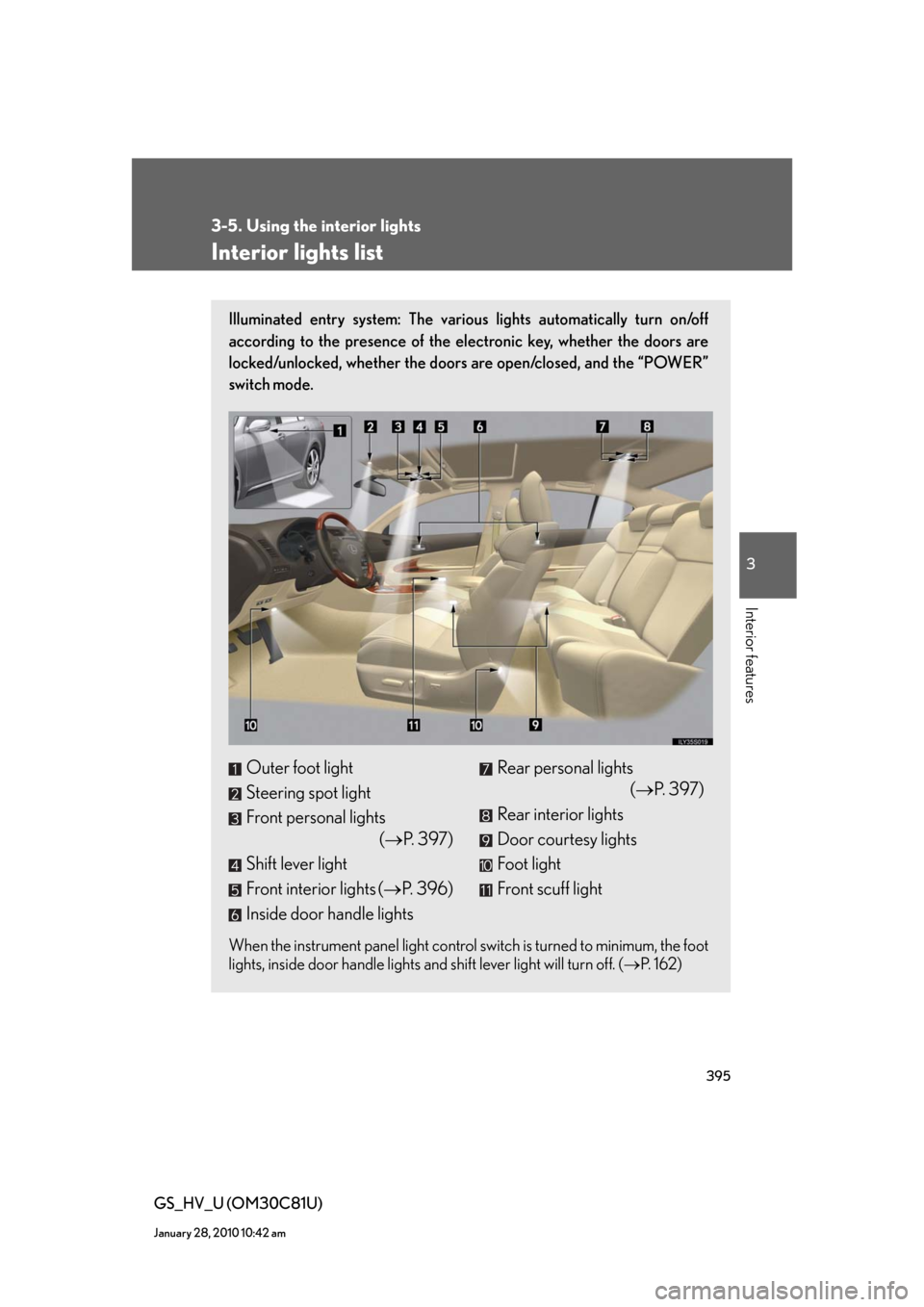 Lexus GS450h 2010 Using The Audio System / LEXUS 2010 GS450H (OM30C81U) Owners Guide 395
3
Interior features
GS_HV_U (OM30C81U)
January 28, 2010 10:42 am
3-5. Using the interior lights
Interior lights list
Illuminated entry system: The various lights automatically turn on/off
accordi Lexus GS450h 2010 Using The Audio System / LEXUS 2010 GS450H (OM30C81U) Owners Guide 395
3
Interior features
GS_HV_U (OM30C81U)
January 28, 2010 10:42 am
3-5. Using the interior lights
Interior lights list
Illuminated entry system: The various lights automatically turn on/off
accordi