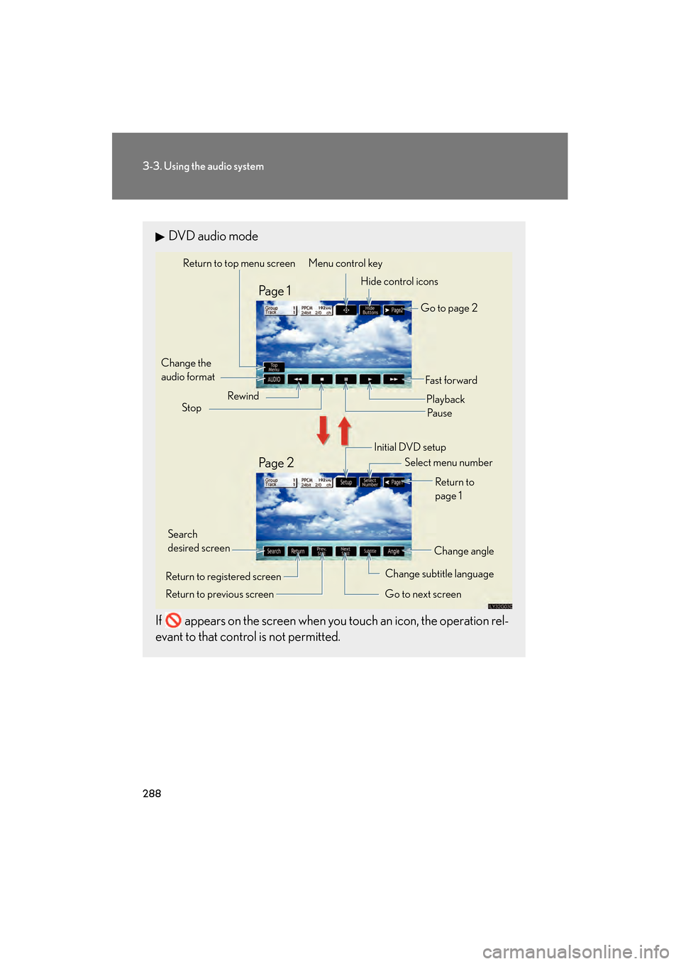 Lexus GS450h 2009 Service Manual 288
3-3. Using the audio system
GS_HV_U (OM30B44U)
April 27, 2009 10:09 am
DVD audio mode
If   appears on the screen when you touch an icon, the operation rel-
evant to that control is not permitted.
