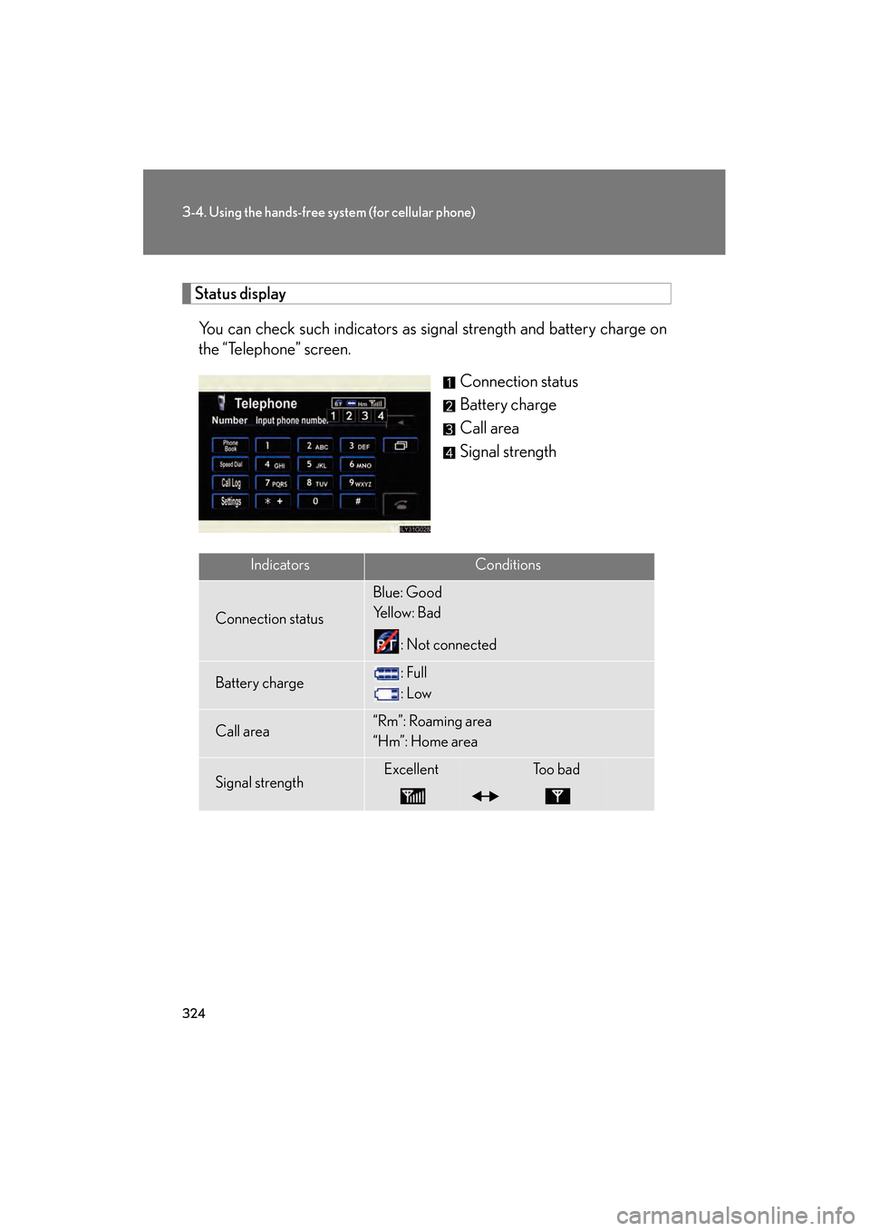 Lexus GS450h 2009  Owners Manual 324
3-4. Using the hands-free system (for cellular phone)
GS_HV_U (OM30B44U)
April 27, 2009 10:09 am
Status display
You can check such indicators as signal strength and battery charge on
the “Teleph