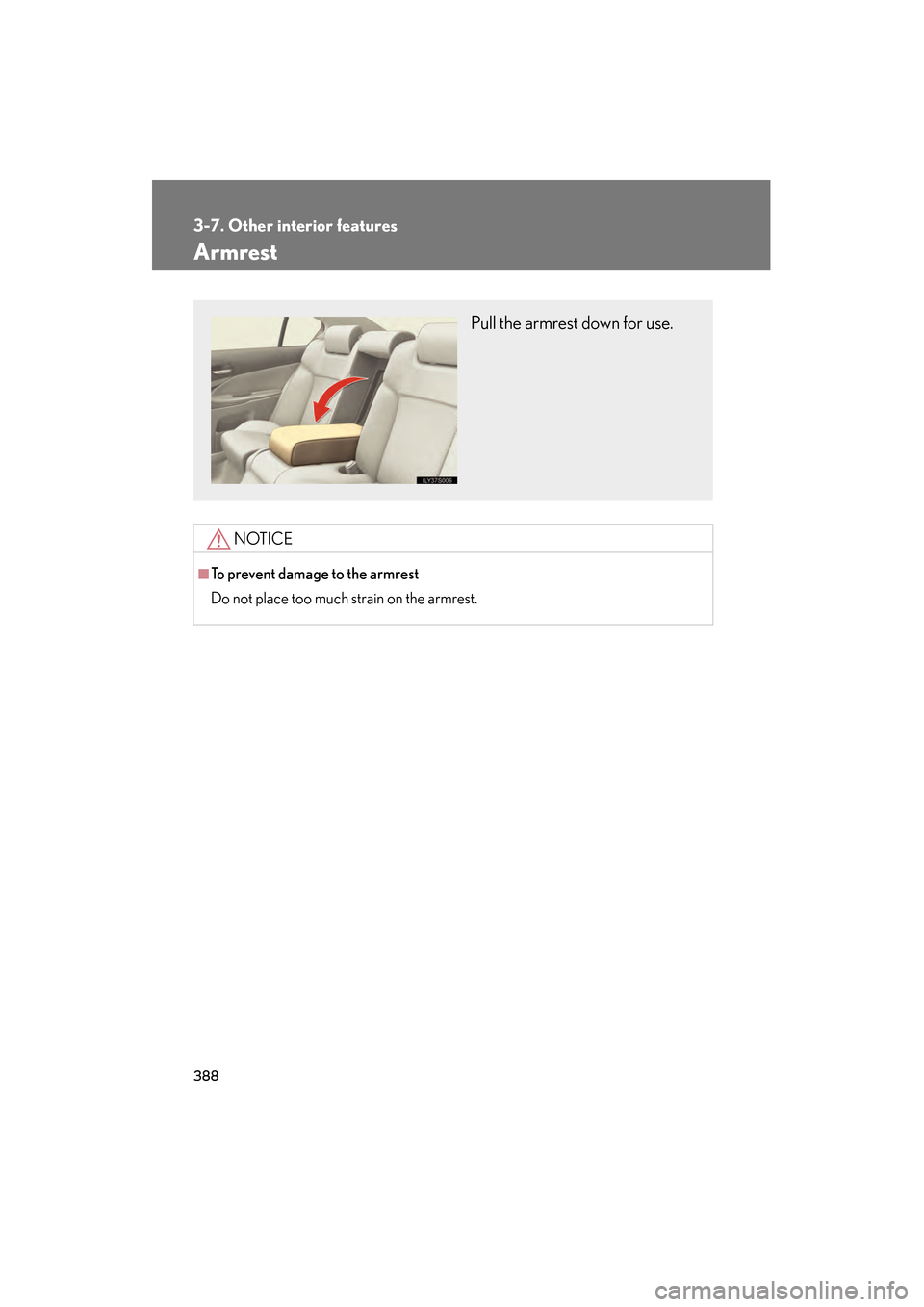 Lexus GS450h 2009  Owners Manual 388
3-7. Other interior features
GS_HV_U (OM30B44U)
April 27, 2009 10:09 am
Armrest
NOTICE
■To prevent damage to the armrest
Do not place too much strain on the armrest.
Pull the armrest down for us