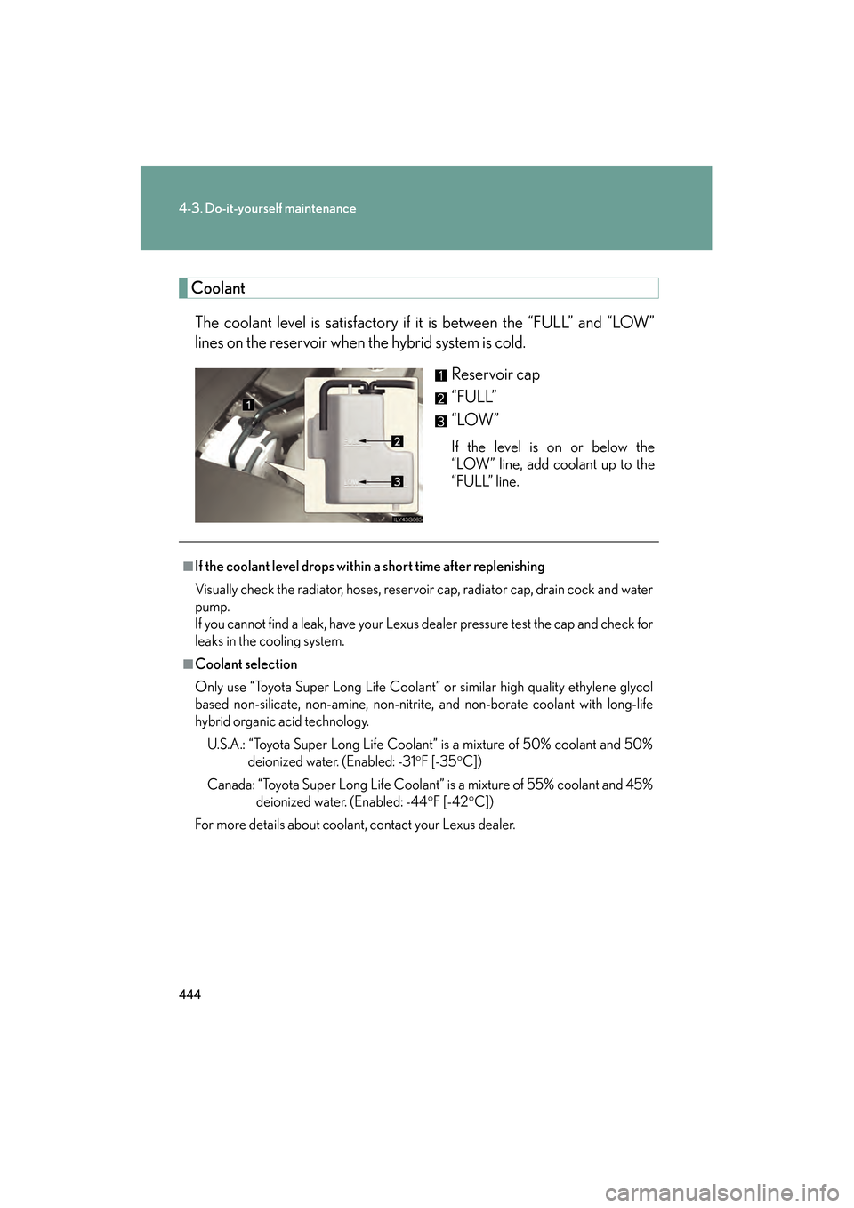Lexus GS450h 2009 Owners Manual 444
4-3. Do-it-yourself maintenance
GS_HV_U (OM30B44U)
April 27, 2009 10:09 am
CoolantThe coolant level is satisfactory if it is between the “FULL” and “LOW”
lines on the reservoir when the hy Lexus GS450h 2009 Owners Manual 444
4-3. Do-it-yourself maintenance
GS_HV_U (OM30B44U)
April 27, 2009 10:09 am
CoolantThe coolant level is satisfactory if it is between the “FULL” and “LOW”
lines on the reservoir when the hy