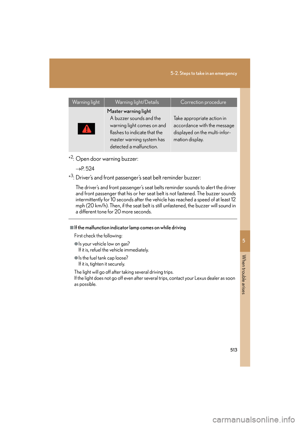 Lexus GS450h 2009 Owners Manual 5
When trouble arises
513
5-2. Steps to take in an emergency
GS_HV_U (OM30B44U)
April 27, 2009 10:09 am
*2: Open door warning buzzer:
→P. 5 2 4
*
3: Driver’s and front passenger’s seat belt rem Lexus GS450h 2009 Owners Manual 5
When trouble arises
513
5-2. Steps to take in an emergency
GS_HV_U (OM30B44U)
April 27, 2009 10:09 am
*2: Open door warning buzzer:
→P. 5 2 4
*
3: Driver’s and front passenger’s seat belt rem