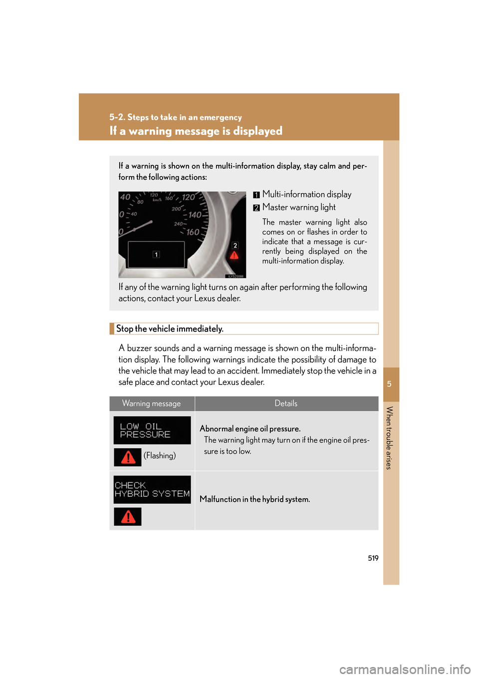 Lexus GS450h 2009 Owners Manual 5
When trouble arises
519
5-2. Steps to take in an emergency
GS_HV_U (OM30B44U)
April 27, 2009 10:09 am
If a warning message is displayed
Stop the vehicle immediately.A buzzer sounds and a warning mes Lexus GS450h 2009 Owners Manual 5
When trouble arises
519
5-2. Steps to take in an emergency
GS_HV_U (OM30B44U)
April 27, 2009 10:09 am
If a warning message is displayed
Stop the vehicle immediately.A buzzer sounds and a warning mes