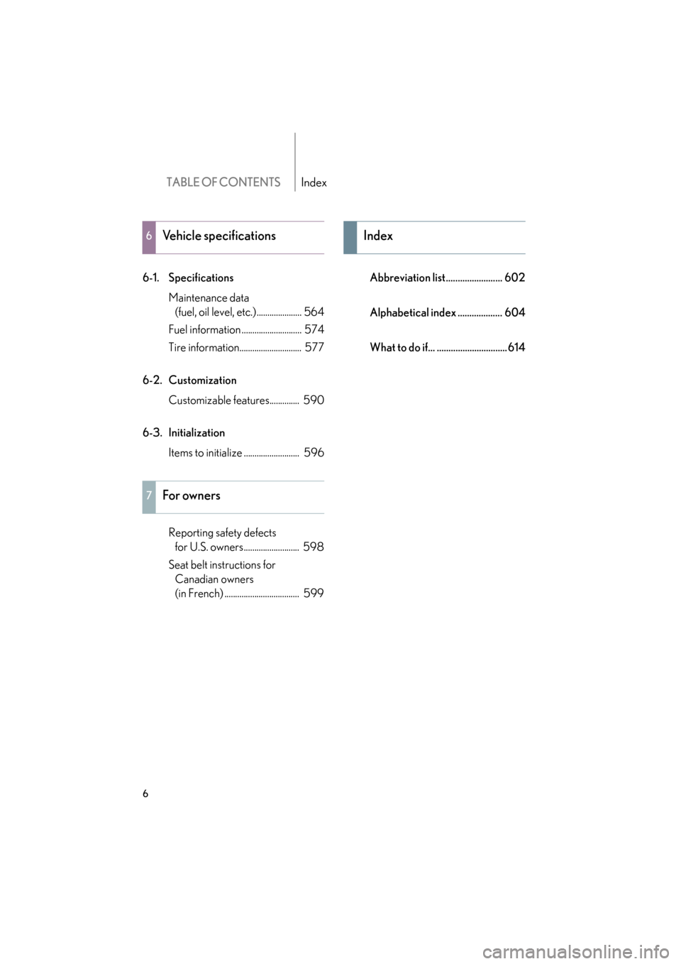 Lexus GS450h 2009  Owners Manual TABLE OF CONTENTSIndex
6
GS_HV_U (OM30B44U)
April 27, 2009 10:09 am
6-1. SpecificationsMaintenance data (fuel, oil level, etc.)..................... 564
Fuel information ............................ 5