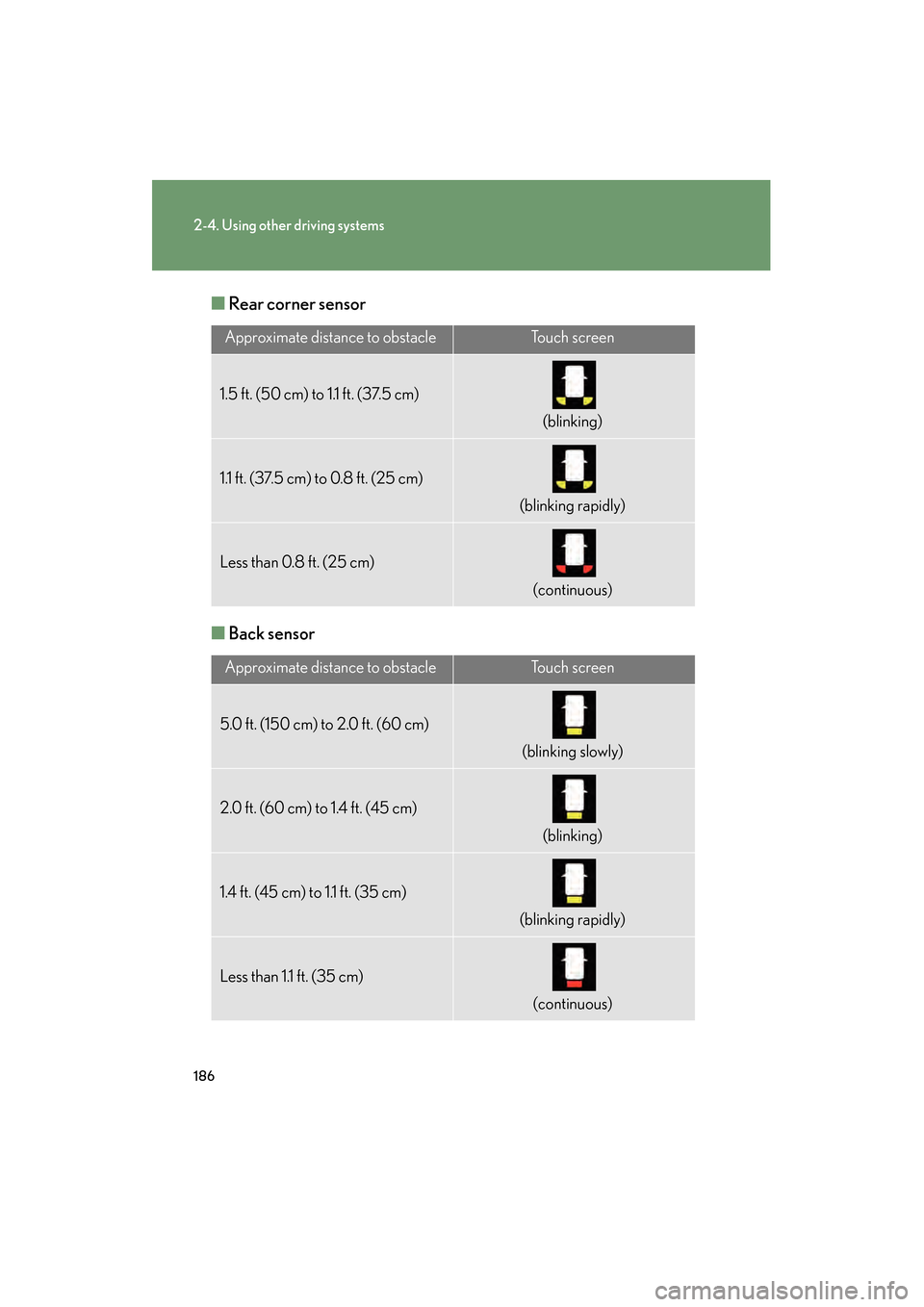 Lexus GS450h 2008 Owners Guide 186
2-4. Using other driving systems
GS_HV_U
June 19, 2008 1:15 pm
■Rear corner sensor
■ Back sensor
Approximate distance to obstacleTo u c h s c r e e n
1.5 ft. (50 cm) to 1.1 ft. (37.5 cm)
(bli Lexus GS450h 2008 Owners Guide 186
2-4. Using other driving systems
GS_HV_U
June 19, 2008 1:15 pm
■Rear corner sensor
■ Back sensor
Approximate distance to obstacleTo u c h s c r e e n
1.5 ft. (50 cm) to 1.1 ft. (37.5 cm)
(bli