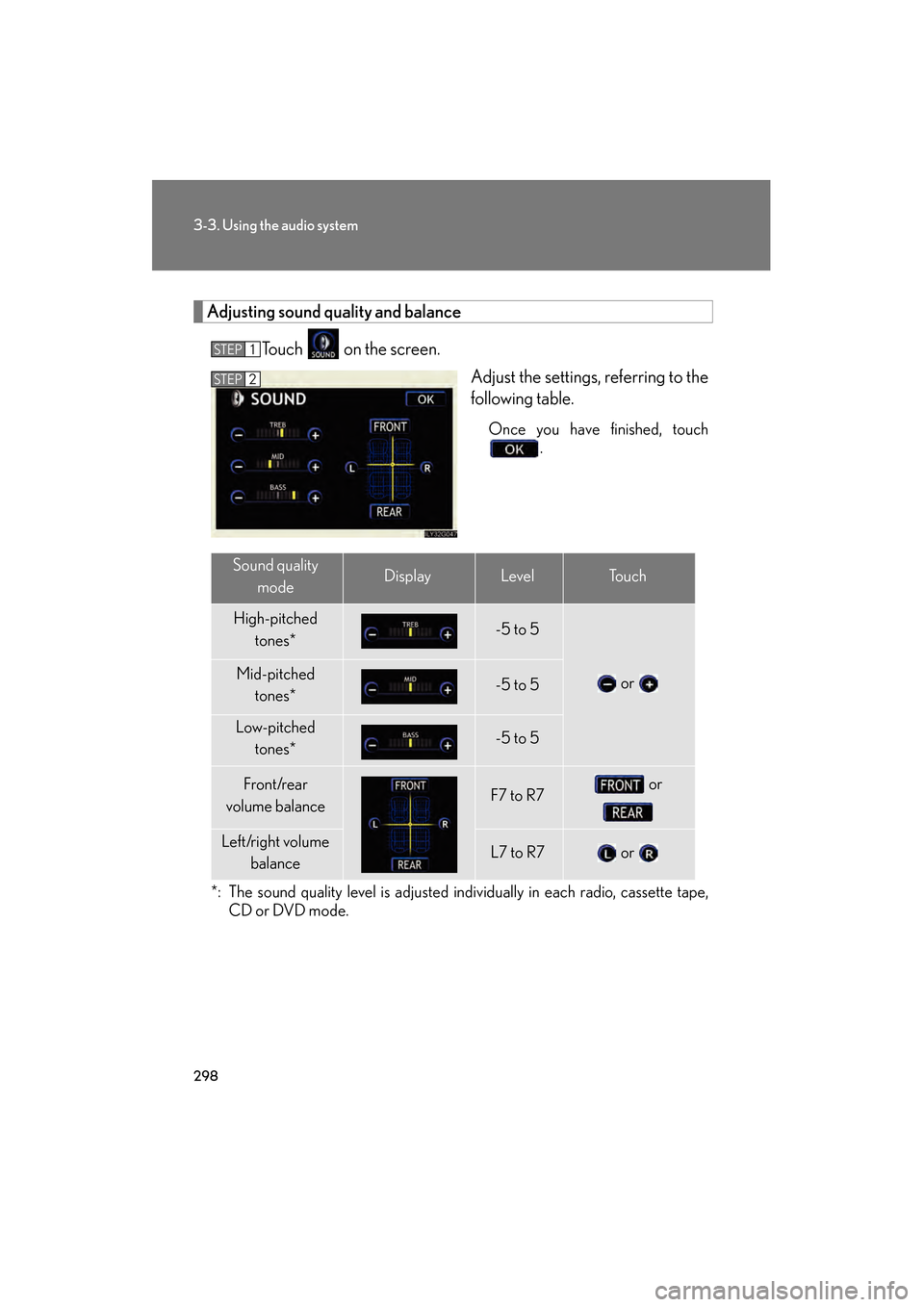 Lexus GS450h 2008 Repair Manual 298
3-3. Using the audio system
GS_HV_U
June 19, 2008 1:15 pm
Adjusting sound quality and balanceTouch on the screen. Adjust the settings, referring to the
following table.
Once you have finished, t Lexus GS450h 2008 Repair Manual 298
3-3. Using the audio system
GS_HV_U
June 19, 2008 1:15 pm
Adjusting sound quality and balanceTouch on the screen. Adjust the settings, referring to the
following table.
Once you have finished, t