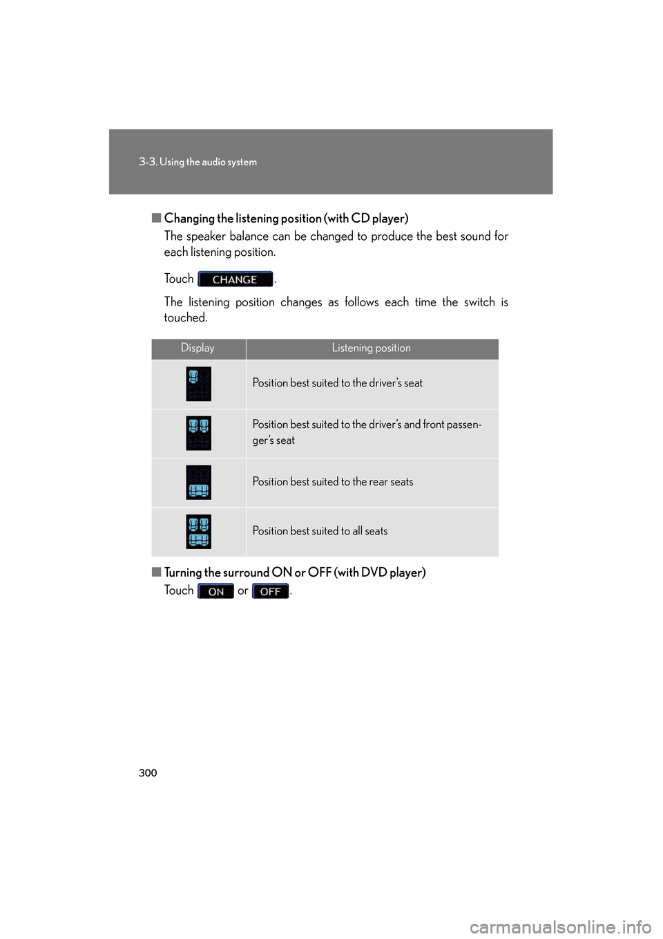 Lexus GS450h 2008 Repair Manual 300
3-3. Using the audio system
GS_HV_U
June 19, 2008 1:15 pm
■Changing the listening po sition (with CD player)
The speaker balance can be changed to produce the best sound for
each listening posit Lexus GS450h 2008 Repair Manual 300
3-3. Using the audio system
GS_HV_U
June 19, 2008 1:15 pm
■Changing the listening po sition (with CD player)
The speaker balance can be changed to produce the best sound for
each listening posit