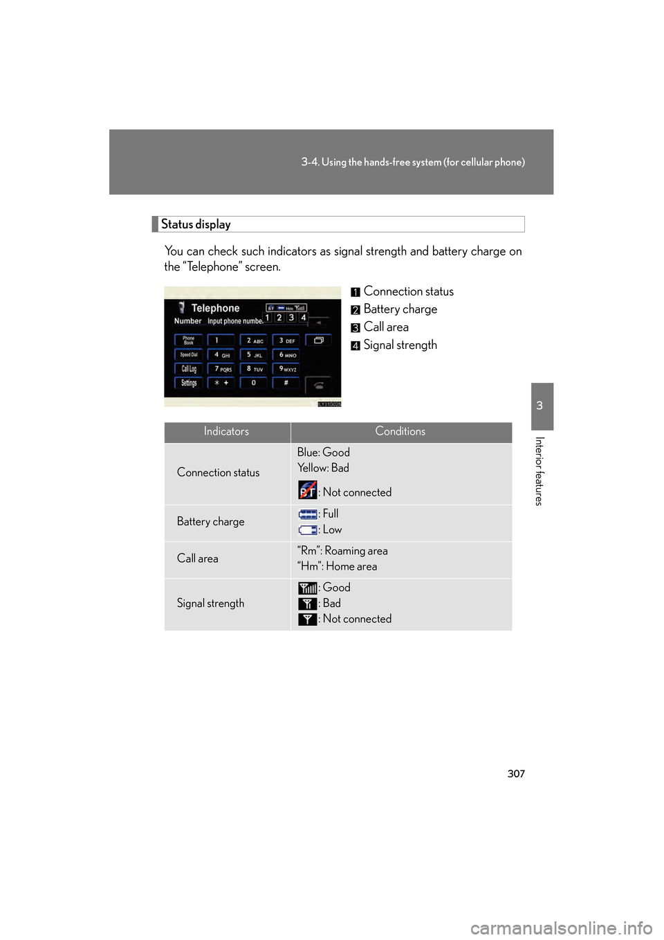 Lexus GS450h 2008 Repair Manual 307
3-4. Using the hands-free system (for cellular phone)
3
Interior features
GS_HV_U
June 19, 2008 1:15 pm
Status displayYou can check such indicators as signal strength and battery charge on
the “ Lexus GS450h 2008 Repair Manual 307
3-4. Using the hands-free system (for cellular phone)
3
Interior features
GS_HV_U
June 19, 2008 1:15 pm
Status displayYou can check such indicators as signal strength and battery charge on
the “