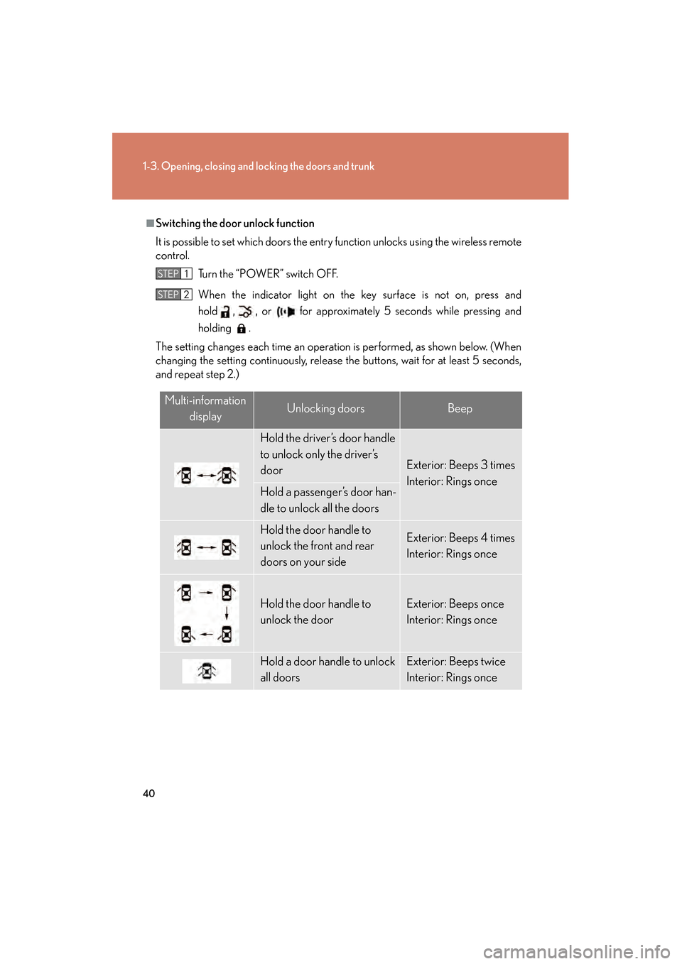Lexus GS450h 2008 User Guide 40
1-3. Opening, closing and locking the doors and trunk
GS_HV_U
June 19, 2008 1:15 pm
■Switching the door unlock function
It is possible to set which doors the entry function unlocks using the wire Lexus GS450h 2008 User Guide 40
1-3. Opening, closing and locking the doors and trunk
GS_HV_U
June 19, 2008 1:15 pm
■Switching the door unlock function
It is possible to set which doors the entry function unlocks using the wire
