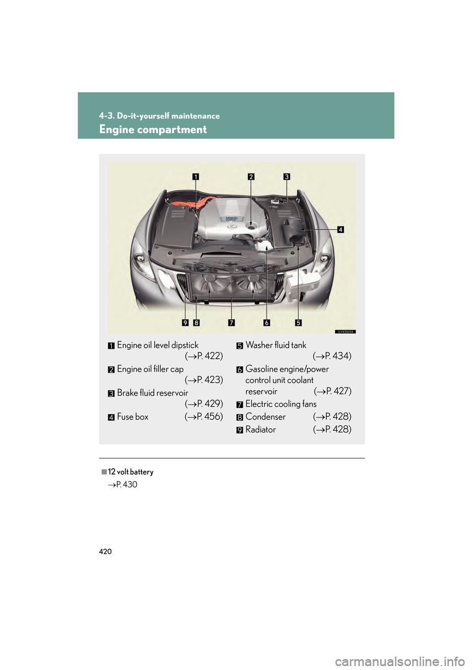 Lexus GS450h 2008 Owners Manual 420
4-3. Do-it-yourself maintenance
GS_HV_U
June 19, 2008 1:15 pm
Engine compartment
■12 volt battery
→P. 4 3 0
Engine oil level dipstick
(→P. 4 2 2 )
Engine oil filler cap (→P. 423)
Brake f Lexus GS450h 2008 Owners Manual 420
4-3. Do-it-yourself maintenance
GS_HV_U
June 19, 2008 1:15 pm
Engine compartment
■12 volt battery
→P. 4 3 0
Engine oil level dipstick
(→P. 4 2 2 )
Engine oil filler cap (→P. 423)
Brake f