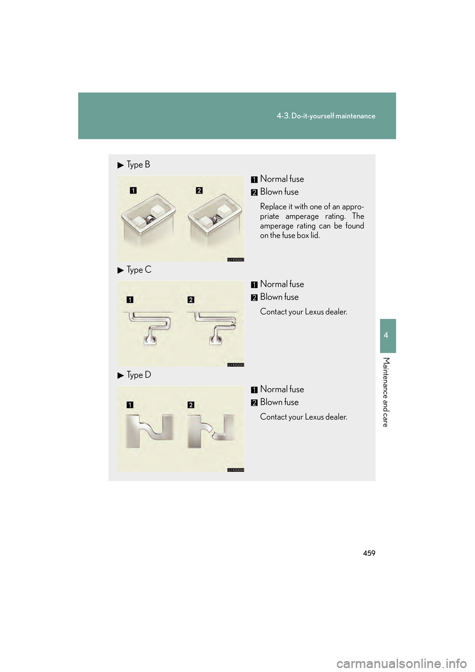 Lexus GS450h 2008 Owners Manual 459
4-3. Do-it-yourself maintenance
4
Maintenance and care
GS_HV_U
June 19, 2008 1:15 pm
Ty p e BNormal fuse
Blown fuse
Replace it with one of an appro-
priate amperage rating. The
amperage rating ca Lexus GS450h 2008 Owners Manual 459
4-3. Do-it-yourself maintenance
4
Maintenance and care
GS_HV_U
June 19, 2008 1:15 pm
Ty p e BNormal fuse
Blown fuse
Replace it with one of an appro-
priate amperage rating. The
amperage rating ca