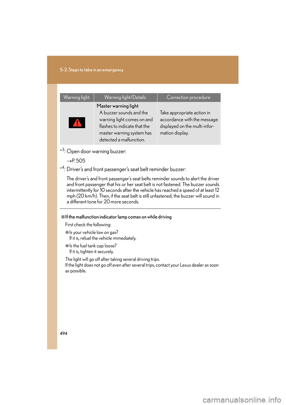 Lexus GS450h 2008 Owners Manual 494
5-2. Steps to take in an emergency
GS_HV_U
June 19, 2008 1:15 pm
*3: Open door warning buzzer:
→P. 5 0 5
*
4: Driver’s and front passenger’s seat belt reminder buzzer:
The driver’s and fr Lexus GS450h 2008 Owners Manual 494
5-2. Steps to take in an emergency
GS_HV_U
June 19, 2008 1:15 pm
*3: Open door warning buzzer:
→P. 5 0 5
*
4: Driver’s and front passenger’s seat belt reminder buzzer:
The driver’s and fr