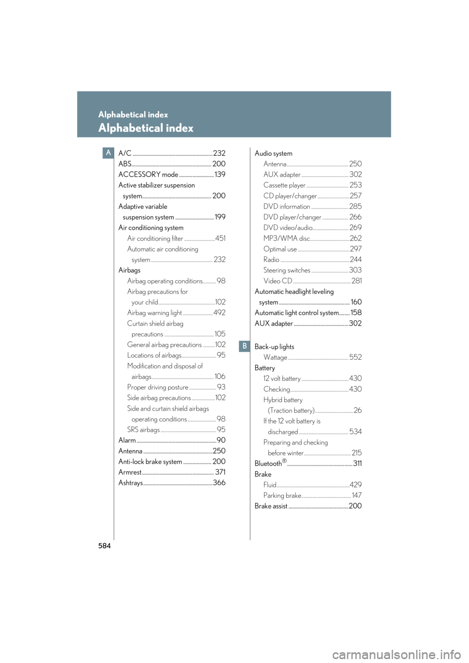 Lexus GS450h 2008  Owners Manual 584
GS_HV_U
June 19, 2008 1:15 pm
Alphabetical index
Alphabetical index
A/C ............................................................ 232
ABS........................................................