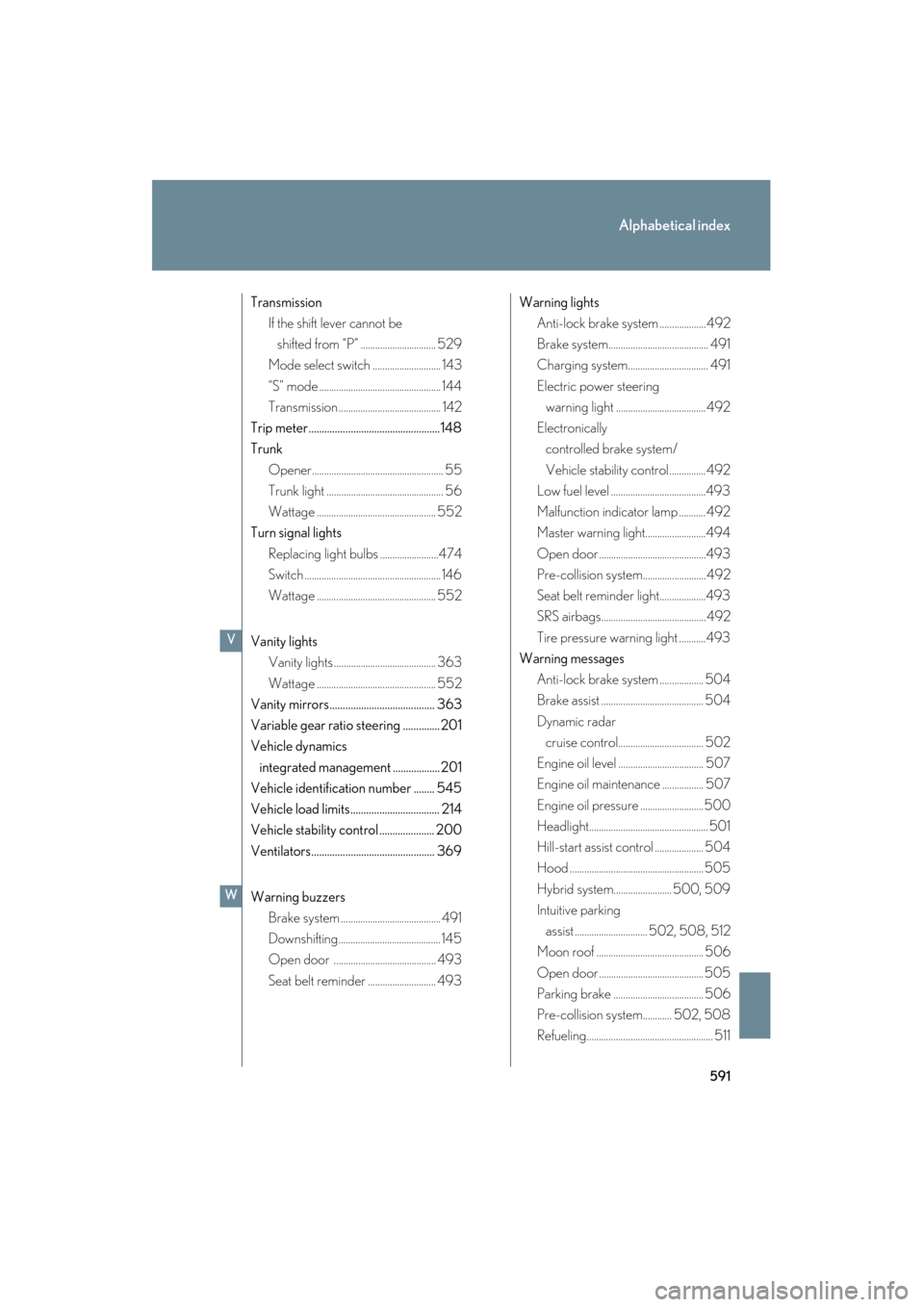 Lexus GS450h 2008  Owners Manual 591
Alphabetical index
GS_HV_U
June 19, 2008 1:15 pm
TransmissionIf the shift lever cannot be 
shifted from “P” ............................... 529
Mode select switch ............................ 