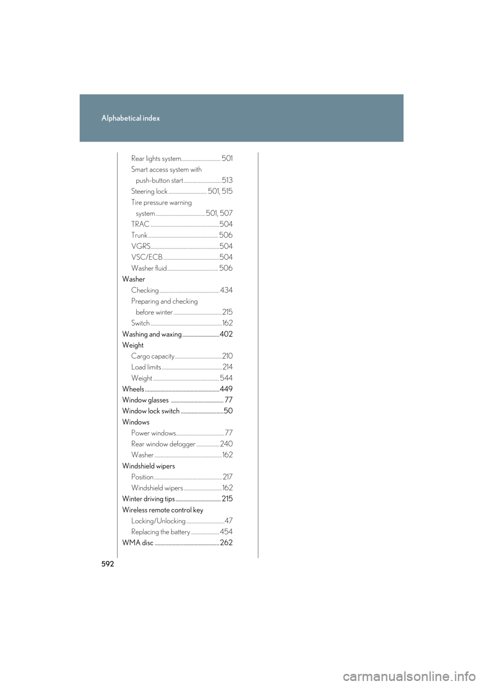 Lexus GS450h 2008 Repair Manual 592
Alphabetical index
GS_HV_U
June 19, 2008 1:15 pm
Rear lights system............................... 501
Smart access system with push-button start ..............................513
Steering lock .. Lexus GS450h 2008 Repair Manual 592
Alphabetical index
GS_HV_U
June 19, 2008 1:15 pm
Rear lights system............................... 501
Smart access system with push-button start ..............................513
Steering lock ..