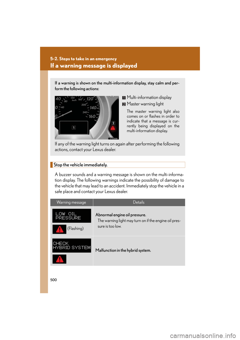 Lexus GS450h 2008 Scheduled Maintenace Guide / LEXUS 2008 GS450H OWNERS MANUAL (OM30A96U) 500
5-2. Steps to take in an emergency
GS_HV_U
December 12, 2007 3:50 pm
If a warning message is displayed
Stop the vehicle immediately.A buzzer sounds and a warning message is shown on the multi-inf Lexus GS450h 2008 Scheduled Maintenace Guide / LEXUS 2008 GS450H OWNERS MANUAL (OM30A96U) 500
5-2. Steps to take in an emergency
GS_HV_U
December 12, 2007 3:50 pm
If a warning message is displayed
Stop the vehicle immediately.A buzzer sounds and a warning message is shown on the multi-inf