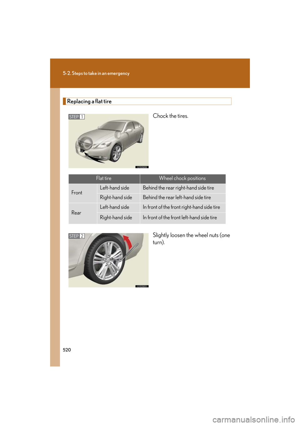 Lexus GS450h 2008  Scheduled Maintenace Guide / LEXUS 2008 GS450H OWNERS MANUAL (OM30A96U) 520
5-2. Steps to take in an emergency
GS_HV_U
December 12, 2007 3:50 pm
Replacing a flat tireChock the tires.
Slightly loosen the wheel nuts (one 
turn).
STEP1
Flat tireWheel chock positions
FrontLef