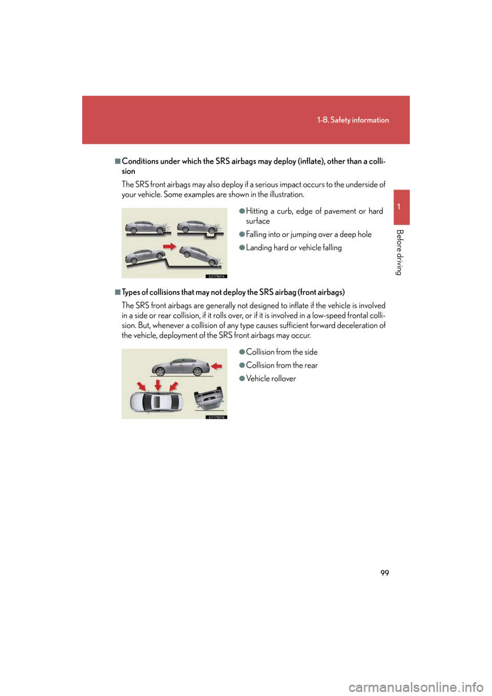 Lexus GS450h 2008 Scheduled Maintenace Guide / LEXUS 2008 GS450H OWNERS MANUAL (OM30A96U) 99
1-8. Safety information
1
Before driving
GS_HV_U
December 12, 2007 3:50 pm
■Conditions under which the SRS airbags may deploy (inflate), other than a colli-
sion
The SRS front airbags may also de Lexus GS450h 2008 Scheduled Maintenace Guide / LEXUS 2008 GS450H OWNERS MANUAL (OM30A96U) 99
1-8. Safety information
1
Before driving
GS_HV_U
December 12, 2007 3:50 pm
■Conditions under which the SRS airbags may deploy (inflate), other than a colli-
sion
The SRS front airbags may also de