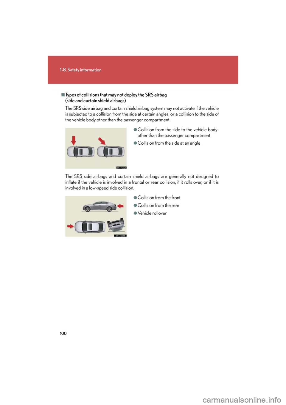 Lexus GS450h 2008 Scheduled Maintenace Guide / LEXUS 2008 GS450H (OM30A96U) Owners Manual 100
1-8. Safety information
GS_HV_U
December 12, 2007 3:50 pm
■Types of collisions that may not deploy the SRS airbag
(side and curtain shield airbags)
The SRS side airbag and curtain shield ai Lexus GS450h 2008 Scheduled Maintenace Guide / LEXUS 2008 GS450H (OM30A96U) Owners Manual 100
1-8. Safety information
GS_HV_U
December 12, 2007 3:50 pm
■Types of collisions that may not deploy the SRS airbag
(side and curtain shield airbags)
The SRS side airbag and curtain shield ai