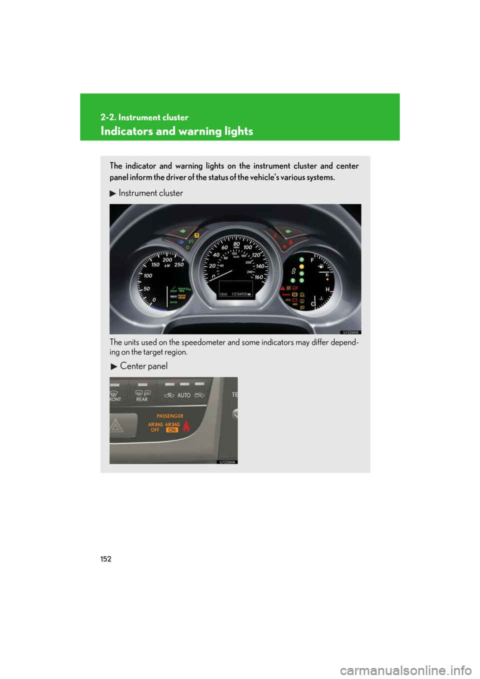 Lexus GS450h 2008 Do-it-yourself maintenance / LEXUS 2008 GS450H OWNERS MANUAL (OM30A96U) 152
2-2. Instrument cluster
GS_HV_U
December 12, 2007 3:50 pm
Indicators and warning lights
The indicator and warning lights on the instrument cluster and center
panel inform the driver of the status Lexus GS450h 2008 Do-it-yourself maintenance / LEXUS 2008 GS450H OWNERS MANUAL (OM30A96U) 152
2-2. Instrument cluster
GS_HV_U
December 12, 2007 3:50 pm
Indicators and warning lights
The indicator and warning lights on the instrument cluster and center
panel inform the driver of the status