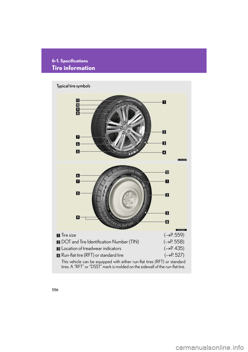 Lexus GS450h 2008  Do-it-yourself maintenance / LEXUS 2008 GS450H OWNERS MANUAL (OM30A96U) 556
6-1. Specifications
GS_HV_U
December 12, 2007 3:50 pm
Tire information
Ty p i c a l  t i r e  s y m b o l s
Tire size(P. 559)
DOT and Tire Identification Number (TIN) ( P.  5 5 8 )
Location 