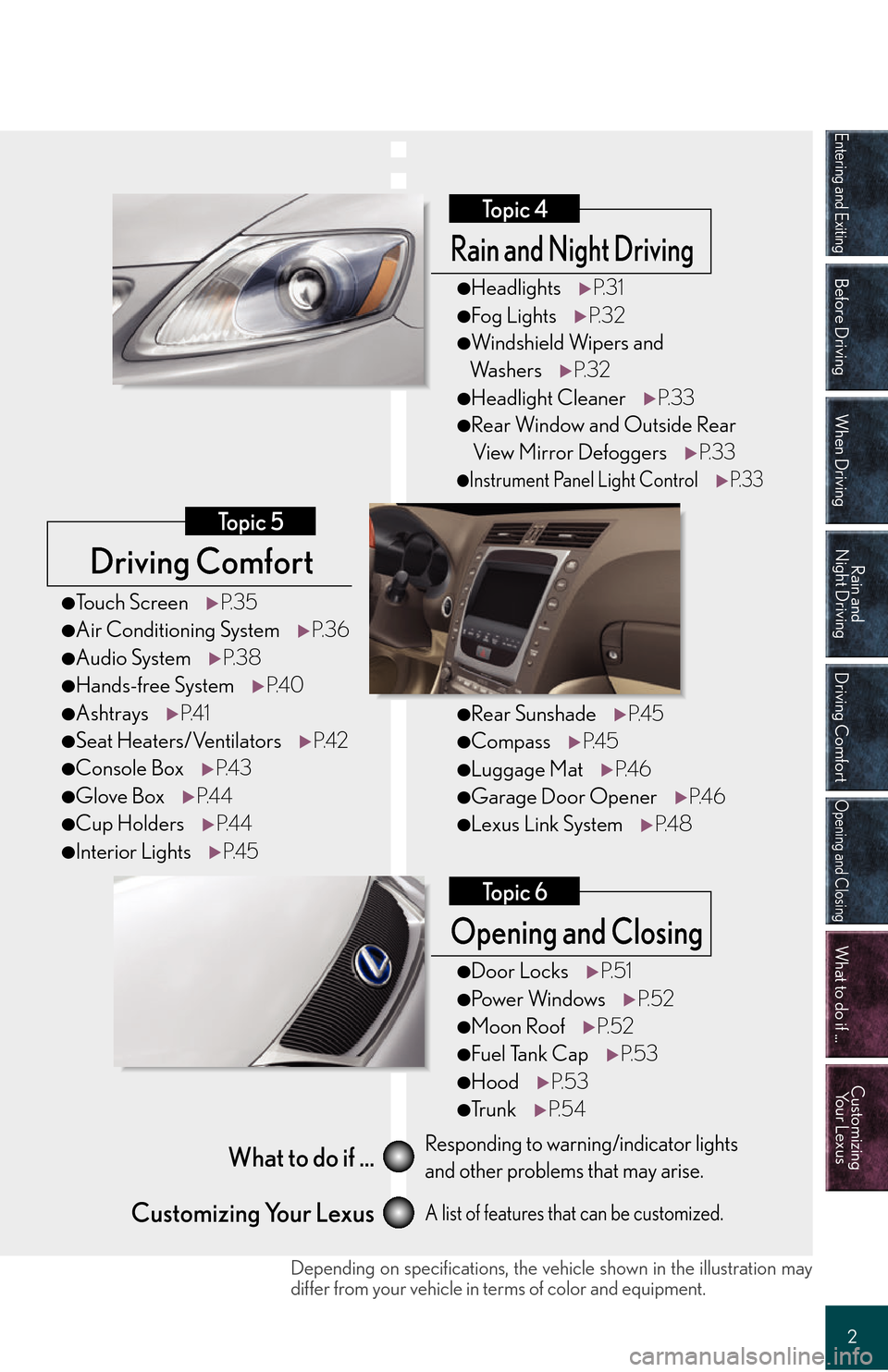 Lexus GS450h 2008  Do-it-yourself maintenance / LEXUS 2008 GS450H QUICK GUIDE OWNERS MANUAL (OM30B13U) Entering and Exiting
Before Driving
When Driving
Rain and 
Night Driving
Driving Comfort
Opening and Closing
What to do if ...
Customizing Yo u r  L e x u s
2
Driving Comfort
Topic 5
Opening and Closi