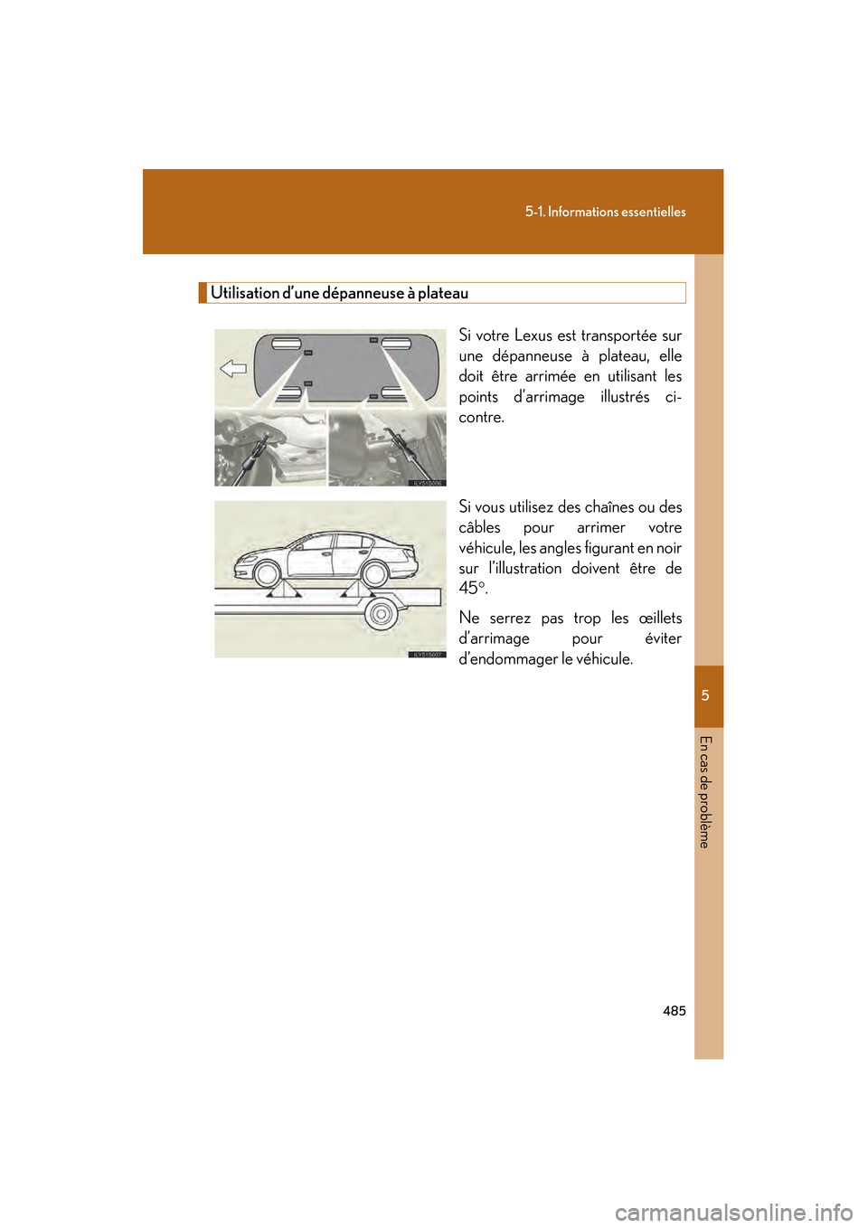 Lexus GS450h 2008  Manuel du propriétaire (in French) 5
En cas de problème
485
5-1. Informations essentielles
GS_HV_D
November 27, 2009 11:16 am
Utilisation d’une dépanneuse à plateauSi votre Lexus est transportée sur
une dépanneuse à plateau, el