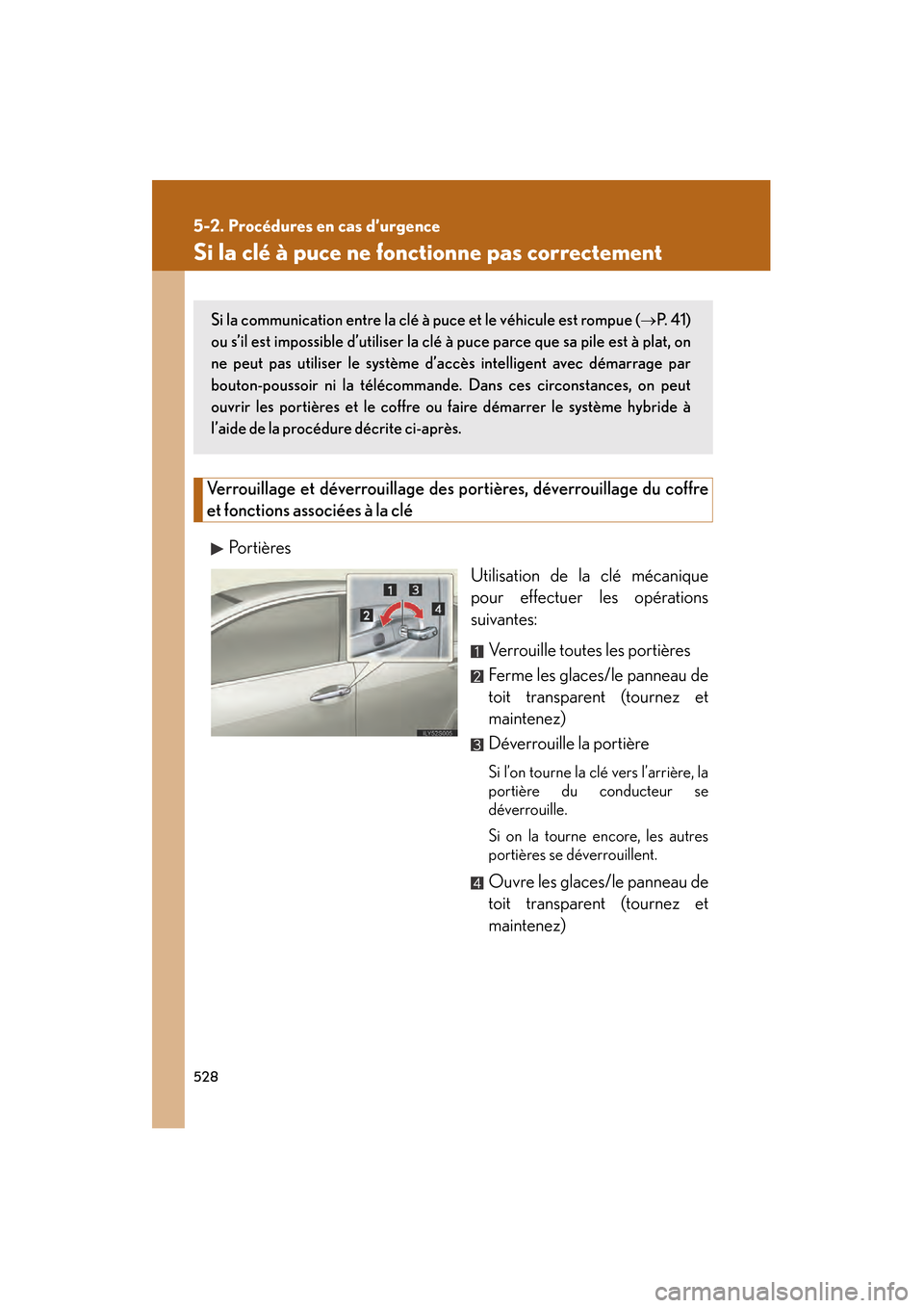 Lexus GS450h 2008 Manuel du propriétaire (in French) 528
5-2. Procédures en cas d’urgence
GS_HV_D
November 27, 2009 11:16 am
Si la clé à puce ne fonctionne pas correctement
Verrouillage et déverrouillage des portières, déverrouillage du coffre
e Lexus GS450h 2008 Manuel du propriétaire (in French) 528
5-2. Procédures en cas d’urgence
GS_HV_D
November 27, 2009 11:16 am
Si la clé à puce ne fonctionne pas correctement
Verrouillage et déverrouillage des portières, déverrouillage du coffre
e