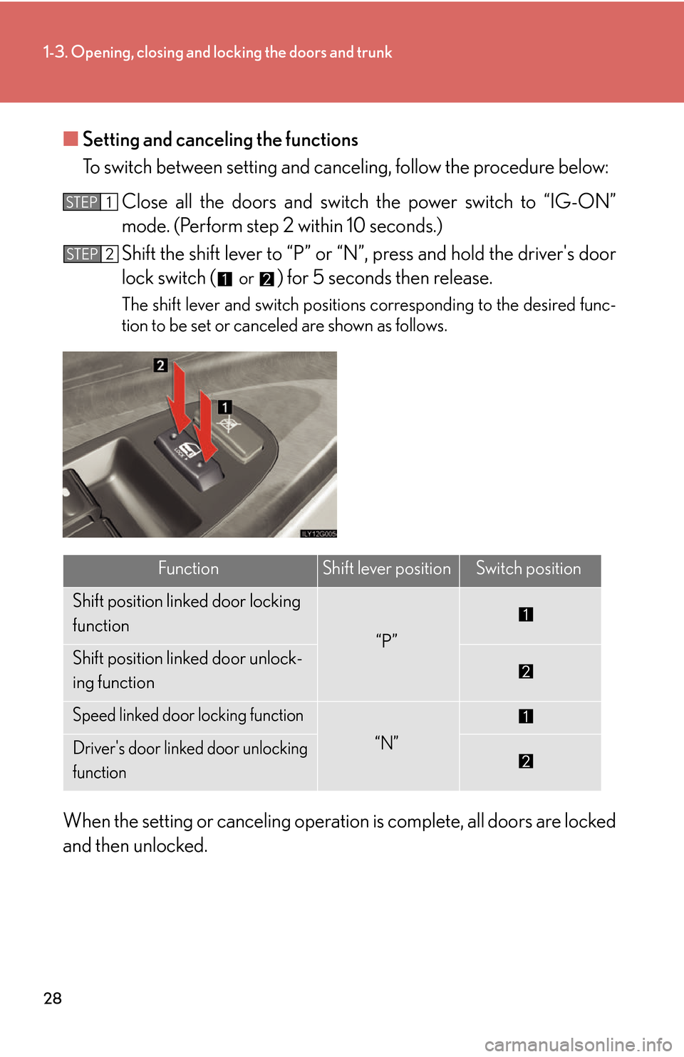 Lexus GS450h 2007  Do-it-yourself maintenance / LEXUS 2007 GS450H THROUGH JUNE 2006 PROD.  (OM30727U) Service Manual 28
1-3. Opening, closing and locking the doors and trunk
■Setting and canceling the functions
To switch between setting and canceling, follow the procedure below:
Close all the doors and switch  the