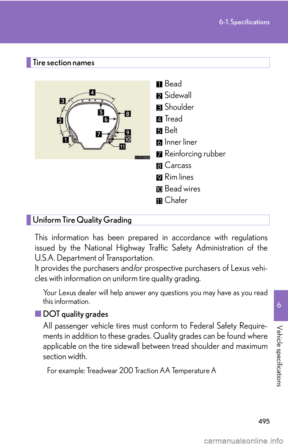 Lexus GS450h 2007  Do-it-yourself maintenance / LEXUS 2007 GS450H THROUGH JUNE 2006 PROD. OWNERS MANUAL (OM30727U) 495
6-1. Specifications
6
Vehicle specifications
Tire section names
Bead
Sidewall
Shoulder
Tread
Belt
Inner liner
Reinforcing rubber
Carcass
Rim lines
Bead wires
Chafer
Uniform Tire Quality Grading
Th