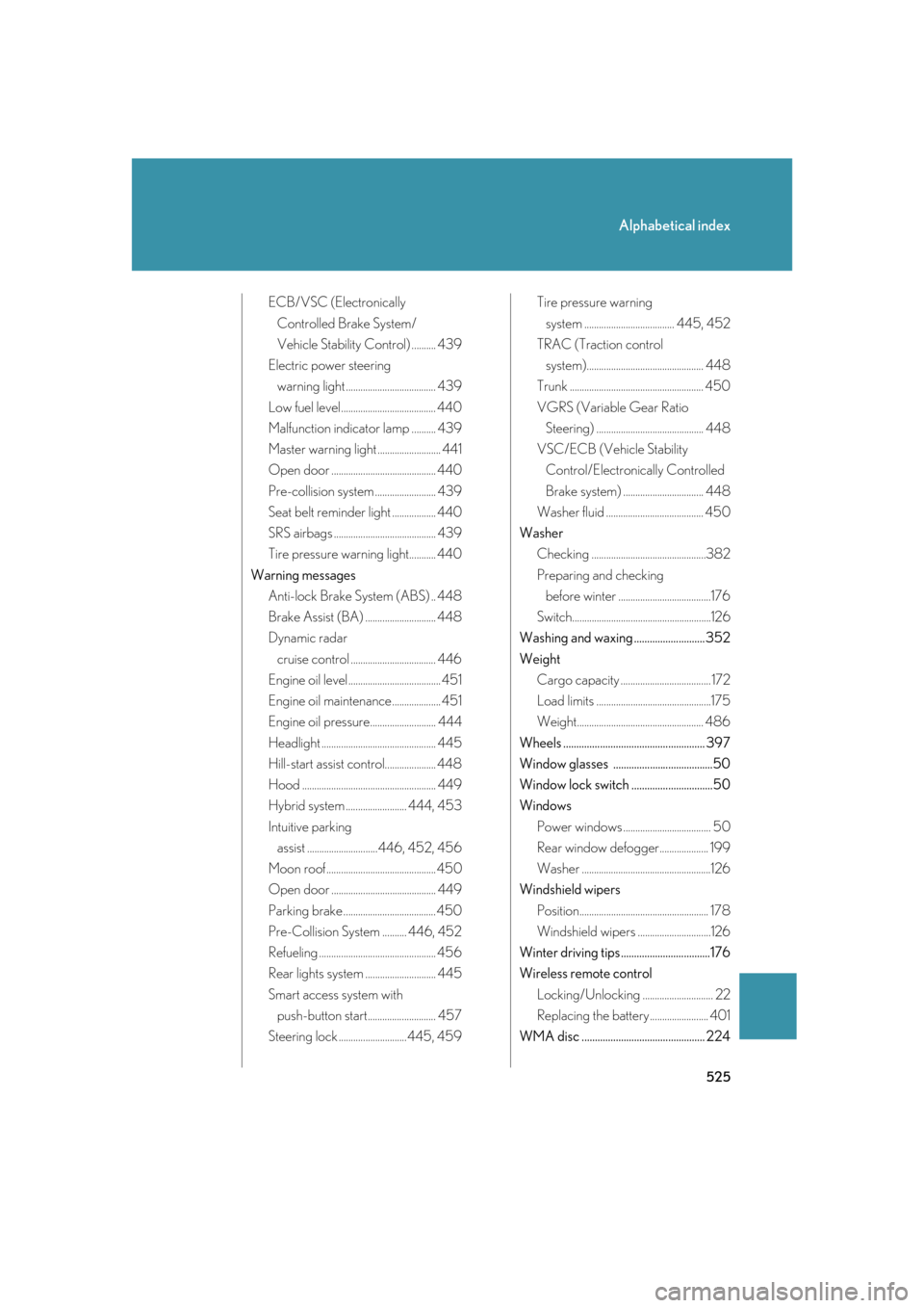 Lexus GS450h 2007  Do-it-yourself maintenance / LEXUS 2007 GS450H FROM JULY 2006 PROD. OWNERS MANUAL (OM30A05U) 525
Alphabetical index
ECB/VSC (Electronically 
Controlled Brake System/ 
Vehicle Stability Control) .......... 439
Electric power steering  warning light ....................................